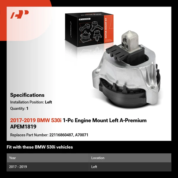 2017-2019 BMW 530i 1-Pc Engine Mount Left A-Premium APEM1819