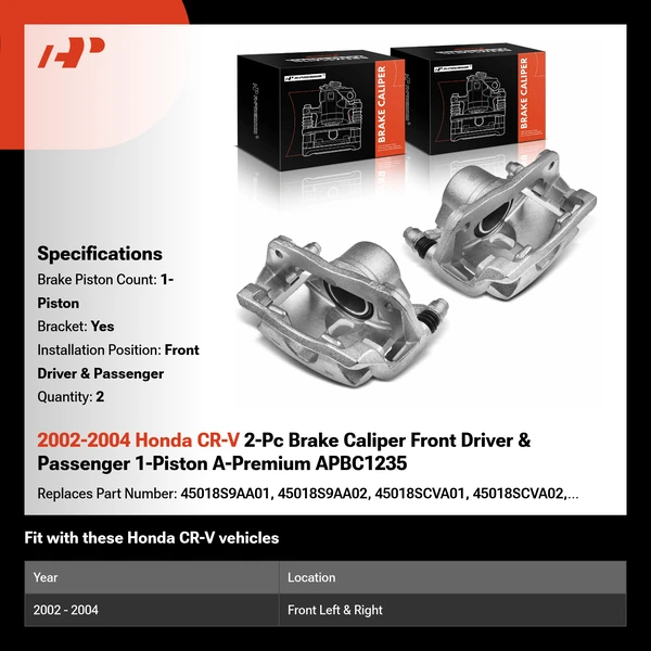 2002-2004 Honda CR-V 2-Pc Brake Caliper Front Driver & Passenger 1-Piston A-Premium APBC1235