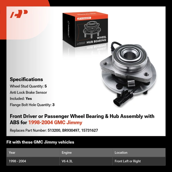 Front Driver or Passenger Wheel Bearing & Hub Assembly with ABS for 1998-2004 GMC Jimmy
