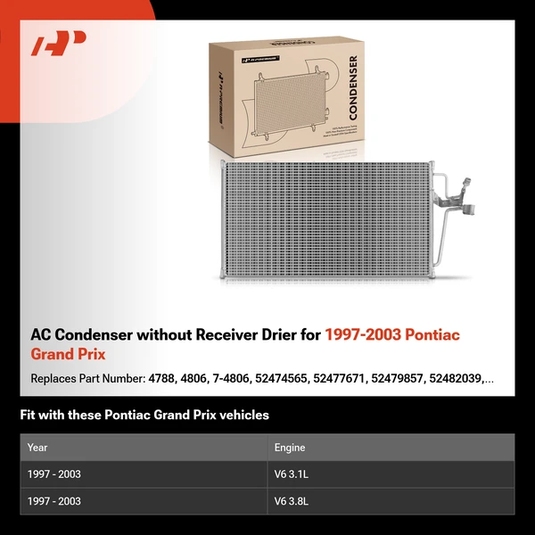 AC Condenser without Receiver Drier for 1997-2003 Pontiac Grand Prix