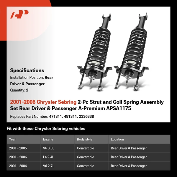 2001-2006 Chrysler Sebring 2-Pc Strut and Coil Spring Assembly Set Rear Driver & Passenger A-Premium APSA1175