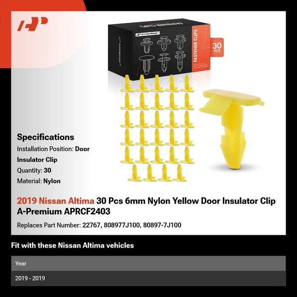 2019 Nissan Altima 30 Pcs 6mm Nylon Yellow Door Insulator Clip A-Premium APRCF2403