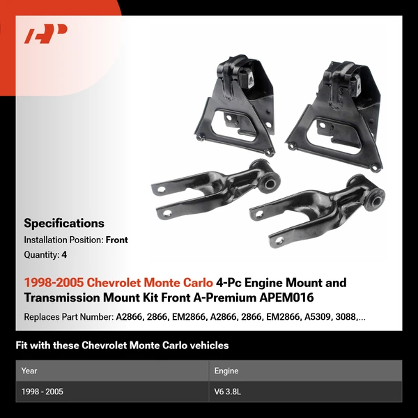 1998-2005 Chevrolet Monte Carlo 4-Pc Engine Mount and Transmission Mount Kit Front A-Premium APEM016