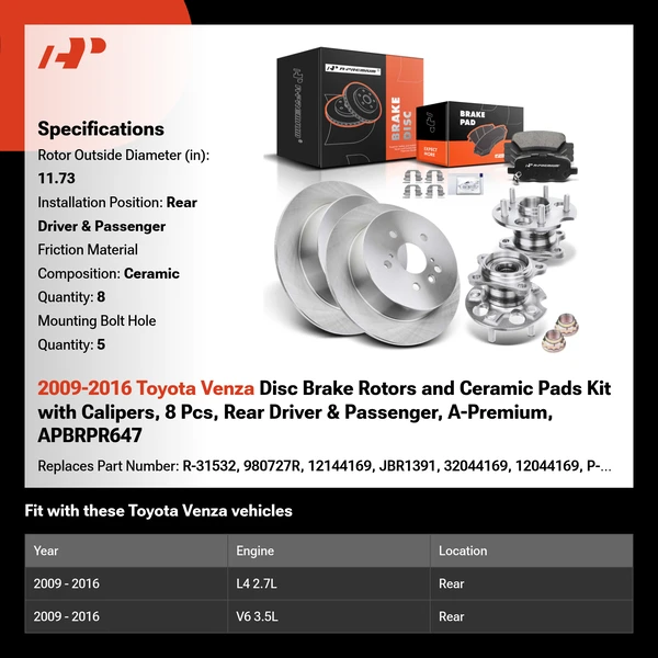 2009-2016 Toyota Venza Disc Brake Rotors and Ceramic Pads Kit with Calipers, 8 Pcs, Rear Driver & Passenger, A-Premium, APBRPR647