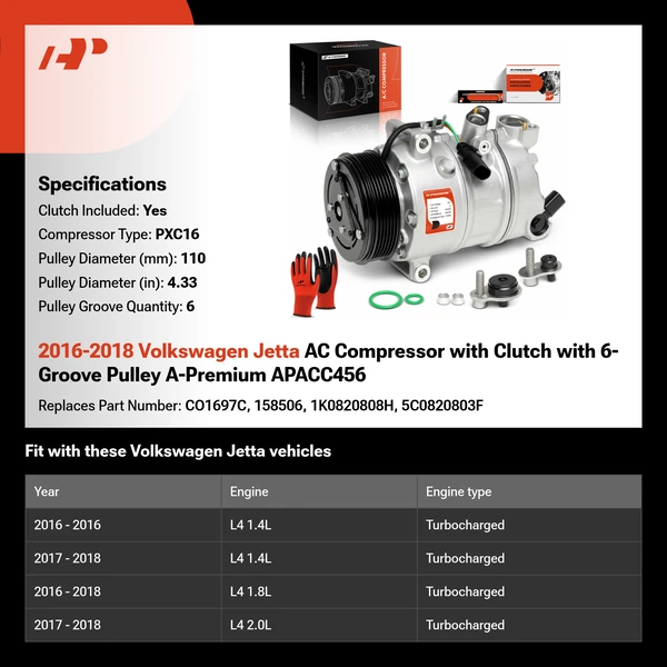 2016-2018 Volkswagen Jetta AC Compressor with Clutch with 6-Groove Pulley A-Premium APACC456