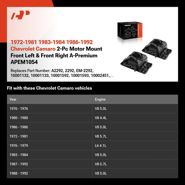 1972-1981 1983-1984 1986-1992 Chevrolet Camaro 2-Pc Motor Mount Front Left & Front Right A-Premium APEM1054