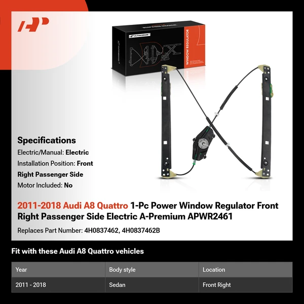 2011-2018 Audi A8 Quattro 1-Pc Power Window Regulator Front Right Passenger Side Electric A-Premium APWR2461