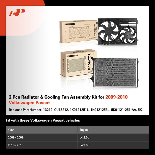 2 Pcs Radiator & Cooling Fan Assembly Kit for 2009-2010 Volkswagen Passat