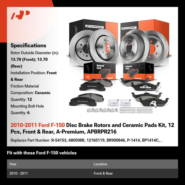 2010-2011 Ford F-150 Disc Brake Rotors and Ceramic Pads Kit, 12 Pcs, Front & Rear, A-Premium, APBRPR216