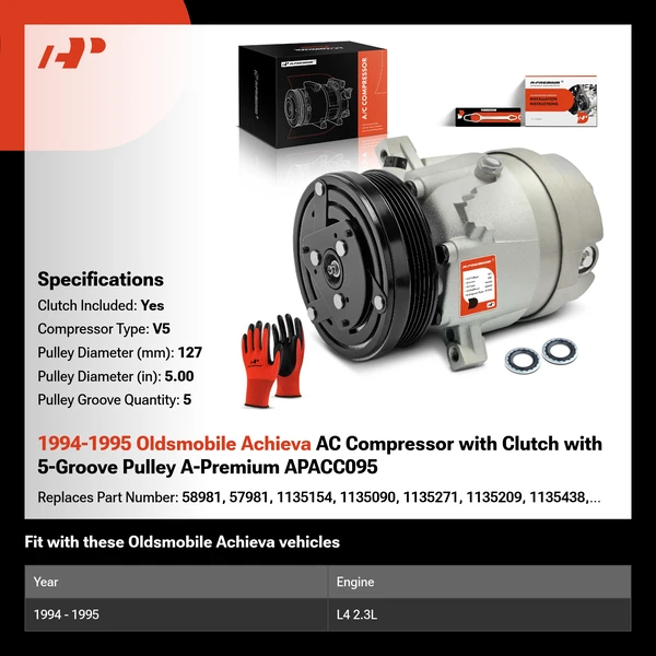 1994-1995 Oldsmobile Achieva AC Compressor with Clutch with 5-Groove Pulley A-Premium APACC095