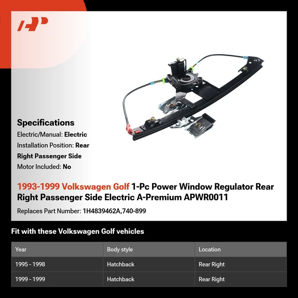 1993-1999 Volkswagen Golf 1-Pc Power Window Regulator Rear Right Passenger Side Electric A-Premium APWR0011