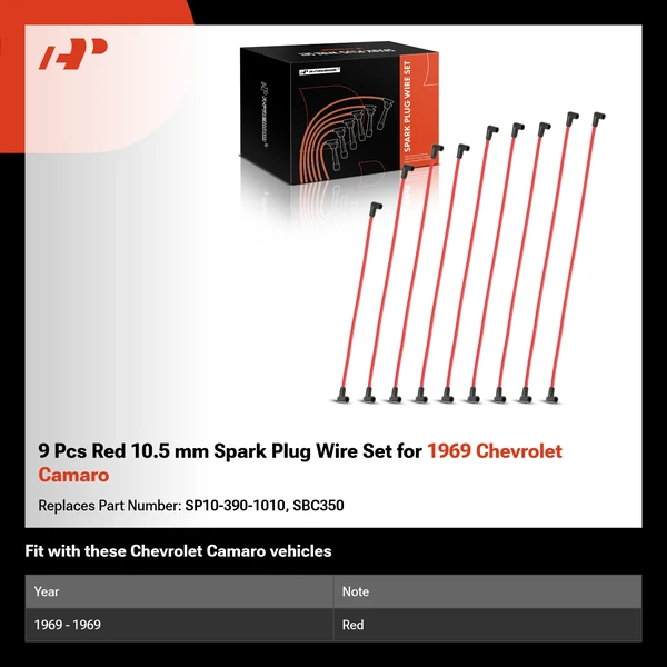 9 Pcs Red 10.5 mm Spark Plug Wire Set for 1969 Chevrolet Camaro