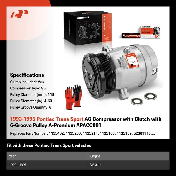 1993-1995 Pontiac Trans Sport AC Compressor with Clutch with 6-Groove Pulley A-Premium APACC091