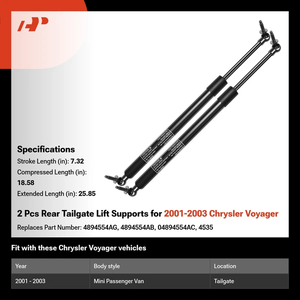 2 Pcs Rear Tailgate Lift Supports for 2001-2003 Chrysler Voyager