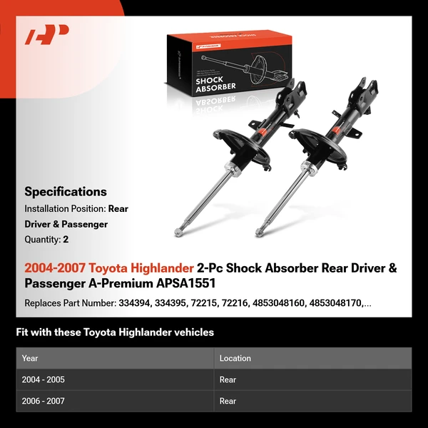 2004-2007 Toyota Highlander 2-Pc Shock Absorber Rear Driver & Passenger A-Premium APSA1551