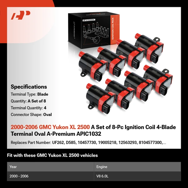 2000-2006 GMC Yukon XL 2500 A Set of 8-Pc Ignition Coil 4-Blade Terminal Oval A-Premium APIC1032