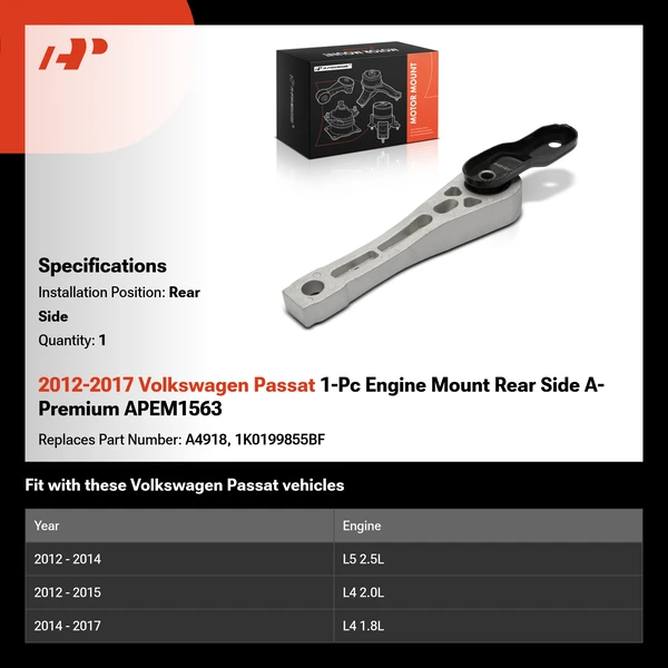 2012-2017 Volkswagen Passat 1-Pc Engine Mount Rear Side A-Premium APEM1563