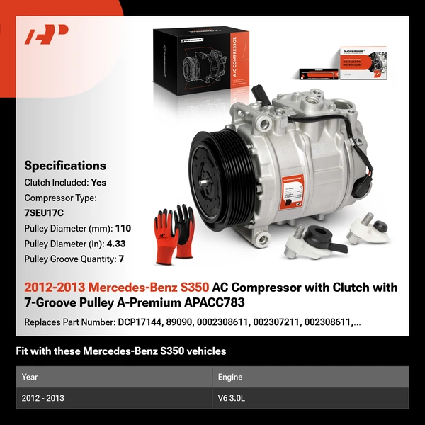 2012-2013 Mercedes-Benz S350 AC Compressor with Clutch with 7-Groove Pulley A-Premium APACC783