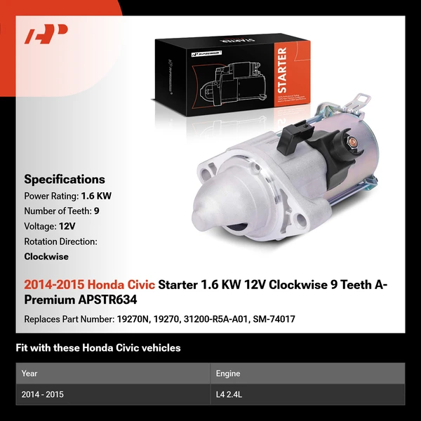 2014-2015 Honda Civic Starter 1.6 KW 12V Clockwise 9 Teeth A-Premium APSTR634