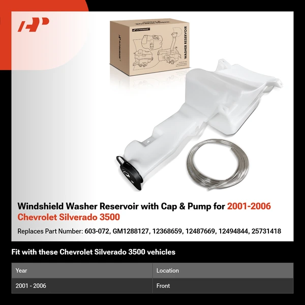 Windshield Washer Reservoir with Cap & Pump for 2001-2006 Chevrolet Silverado 3500
