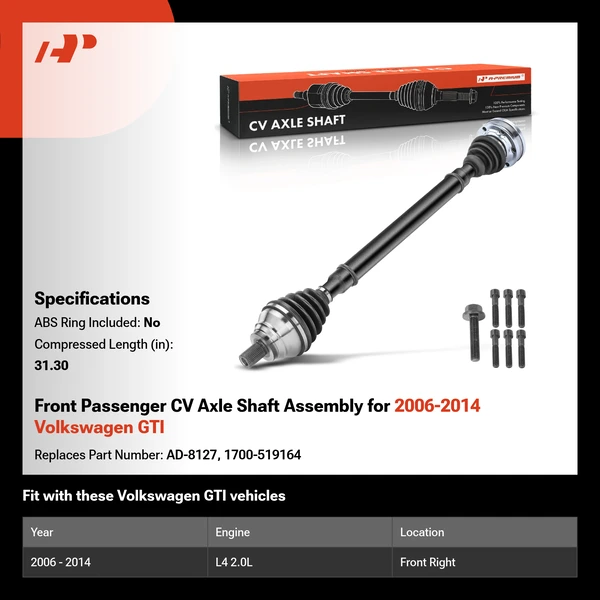 Front Passenger CV Axle Shaft Assembly for 2006-2014 Volkswagen GTI