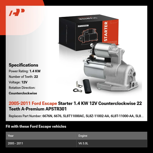 2005-2011 Ford Escape Starter 1.4 KW 12V Counterclockwise 22 Teeth A-Premium APSTR301