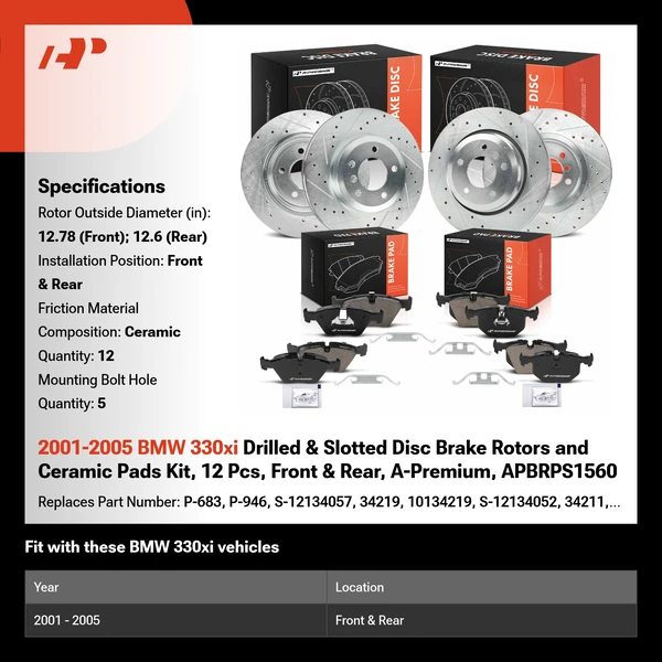 2001-2005 BMW 330xi Drilled & Slotted Disc Brake Rotors and Ceramic Pads Kit, 12 Pcs, Front & Rear, A-Premium, APBRPS1560