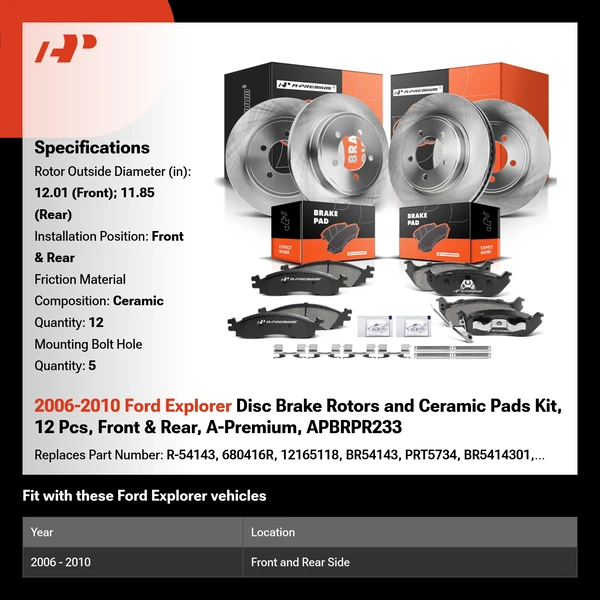 2006-2010 Ford Explorer Disc Brake Rotors and Ceramic Pads Kit, 12 Pcs, Front & Rear, A-Premium, APBRPR233