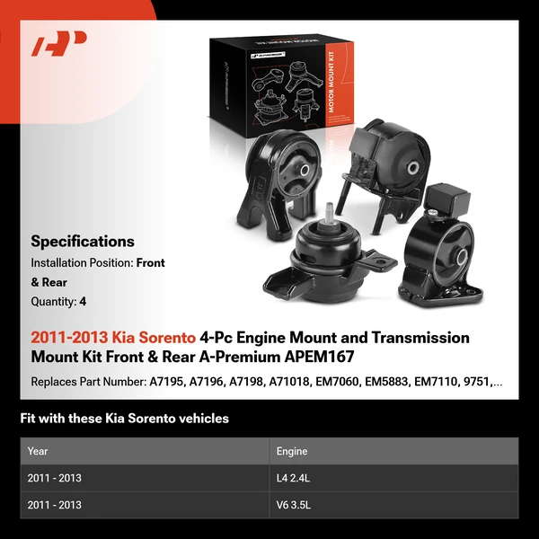 2011-2013 Kia Sorento 4-Pc Engine Mount and Transmission Mount Kit Front & Rear A-Premium APEM167