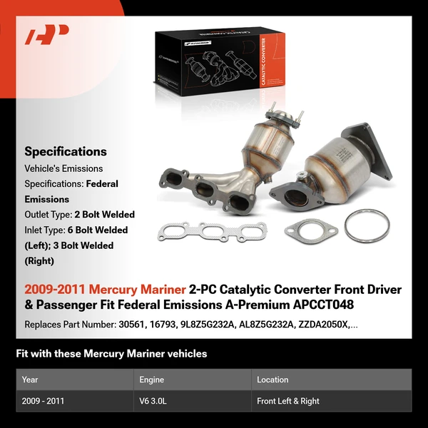 2009-2011 Mercury Mariner 2-PC Catalytic Converter Front Driver & Passenger Fit Federal Emissions A-Premium APCCT048