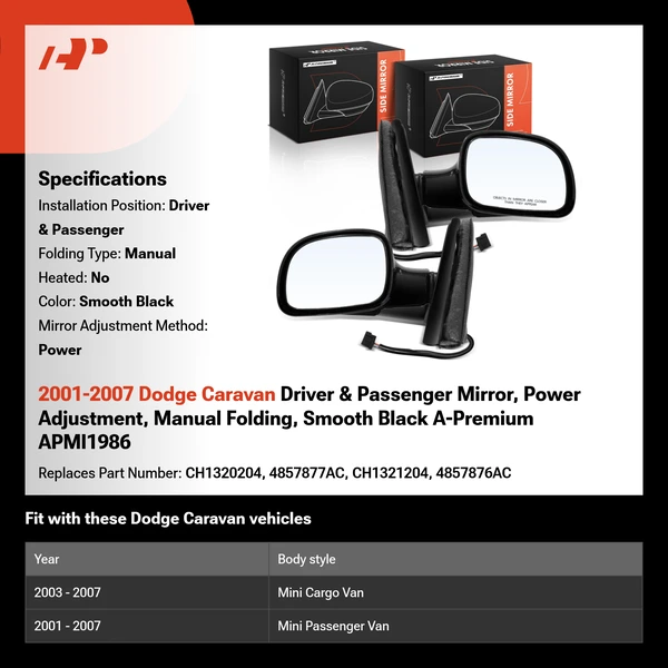 2001-2007 Dodge Caravan Driver & Passenger Mirror, Power Adjustment, Manual Folding, Smooth Black A-Premium APMI1986