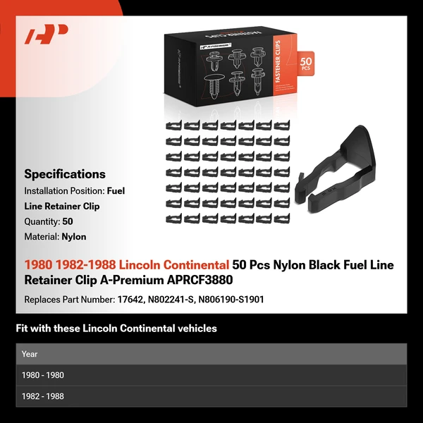 1980 1982-1988 Lincoln Continental 50 Pcs Nylon Black Fuel Line Retainer Clip A-Premium APRCF3880