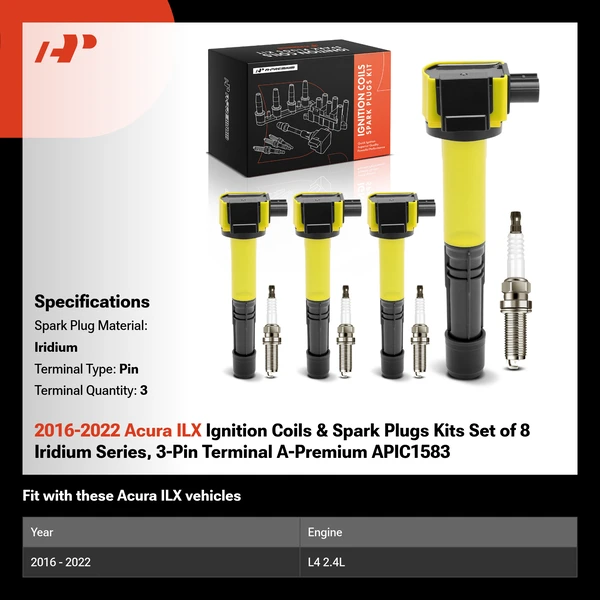2016-2022 Acura ILX Ignition Coils & Spark Plugs Kits Set of 8 Iridium Series, 3-Pin Terminal A-Premium APIC1583