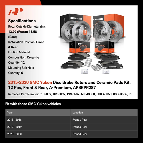 2015-2020 GMC Yukon Disc Brake Rotors and Ceramic Pads Kit, 12 Pcs, Front & Rear, A-Premium, APBRPR287