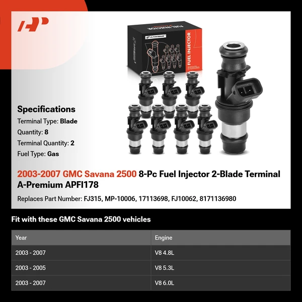 2003-2007 GMC Savana 2500 8-Pc Fuel Injector 2-Blade Terminal A-Premium APFI178