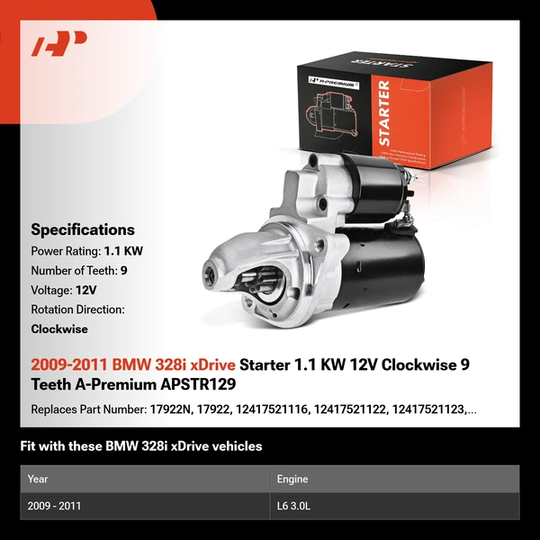2009-2011 BMW 328i xDrive Starter 1.1 KW 12V Clockwise 9 Teeth A-Premium APSTR129