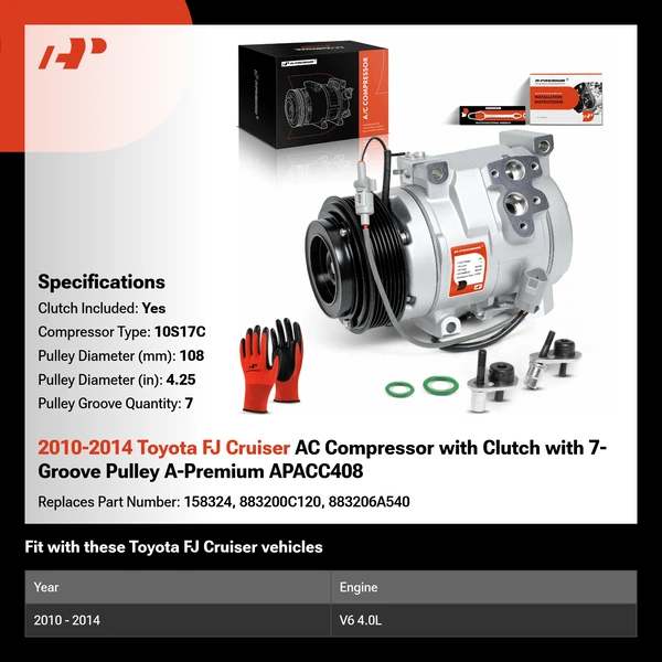 2010-2014 Toyota FJ Cruiser AC Compressor with Clutch with 7-Groove Pulley A-Premium APACC408