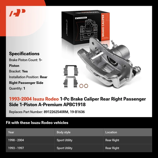 1993-2004 Isuzu Rodeo 1-Pc Brake Caliper Rear Right Passenger Side 1-Piston A-Premium APBC1918