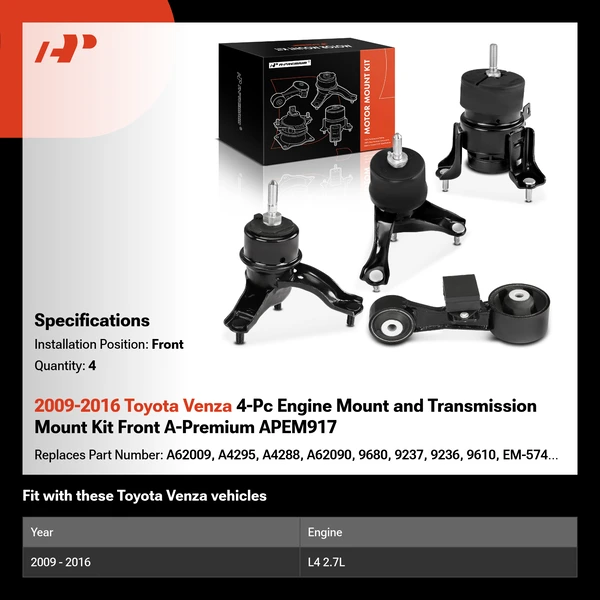 2009-2016 Toyota Venza 4-Pc Engine Mount and Transmission Mount Kit Front A-Premium APEM917