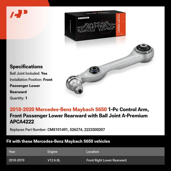 2018-2020 Mercedes-Benz Maybach S650 1-Pc Control Arm, Front Passenger Lower Rearward with Ball Joint A-Premium APCA4222