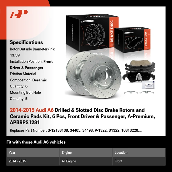 2014-2015 Audi A6 Drilled & Slotted Disc Brake Rotors and Ceramic Pads Kit, 6 Pcs, Front Driver & Passenger, A-Premium, APBRPS1281