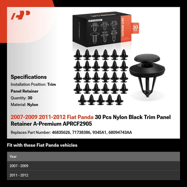 2007-2009 2011-2012 Fiat Panda 30 Pcs Nylon Black Trim Panel Retainer A-Premium APRCF2905