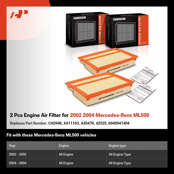 2 Pcs Engine Air Filter for 2002 2004 Mercedes-Benz ML500