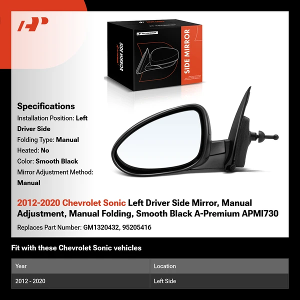 2012-2020 Chevrolet Sonic Left Driver Side Mirror, Manual Adjustment, Manual Folding, Smooth Black A-Premium APMI730