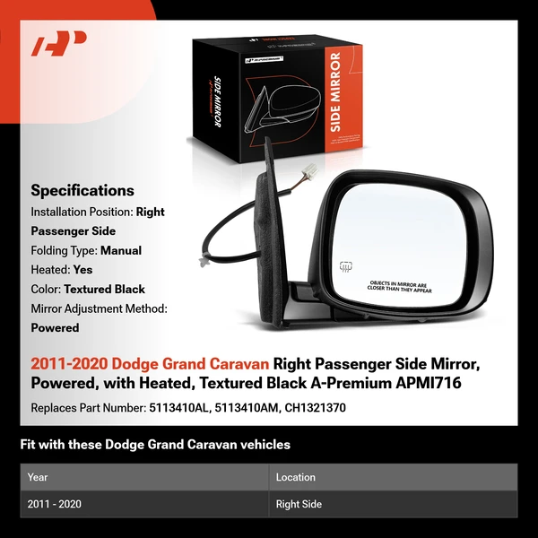 2011-2020 Dodge Grand Caravan Right Passenger Side Mirror, Powered, with Heated, Textured Black A-Premium APMI716