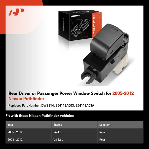Rear Driver or Passenger Power Window Switch for 2005-2012 Nissan Pathfinder