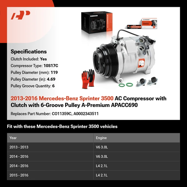 2013-2016 Mercedes-Benz Sprinter 3500 AC Compressor with Clutch with 6-Groove Pulley A-Premium APACC690