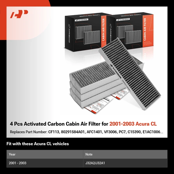 4 Pcs Activated Carbon Cabin Air Filter for 2001-2003 Acura CL