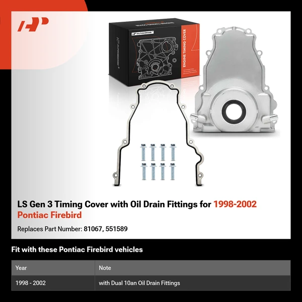 LS Gen 3 Timing Cover with Oil Drain Fittings for 1998-2002 Pontiac Firebird