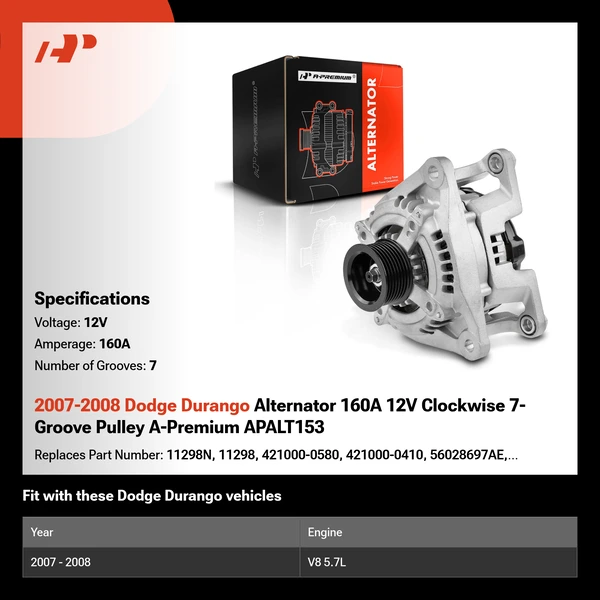 2007-2008 Dodge Durango Alternator 160A 12V Clockwise 7-Groove Pulley A-Premium APALT153